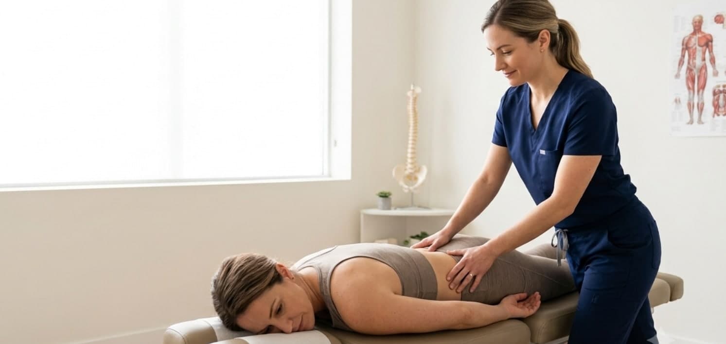 Practitioner providing hands on care to a patient lying face down on a treatment table
