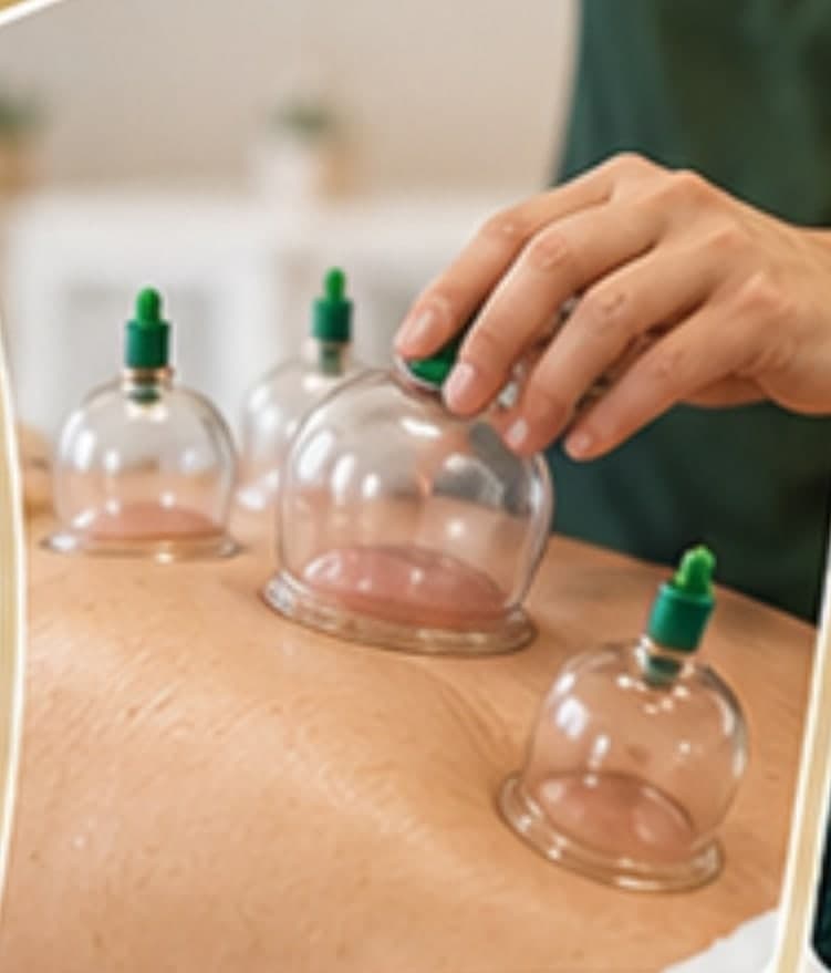 Glass cupping cups placed on a patient’s upper back during treatment