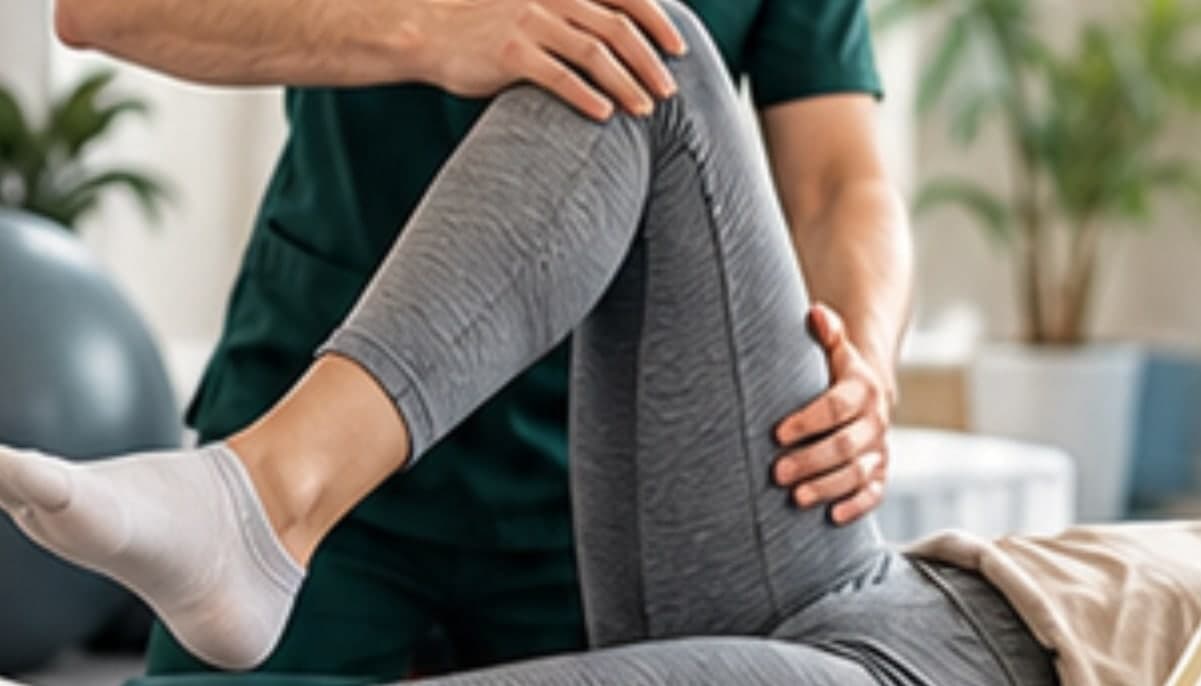 Practitioner supporting a patient’s bent knee during a mobility assessment