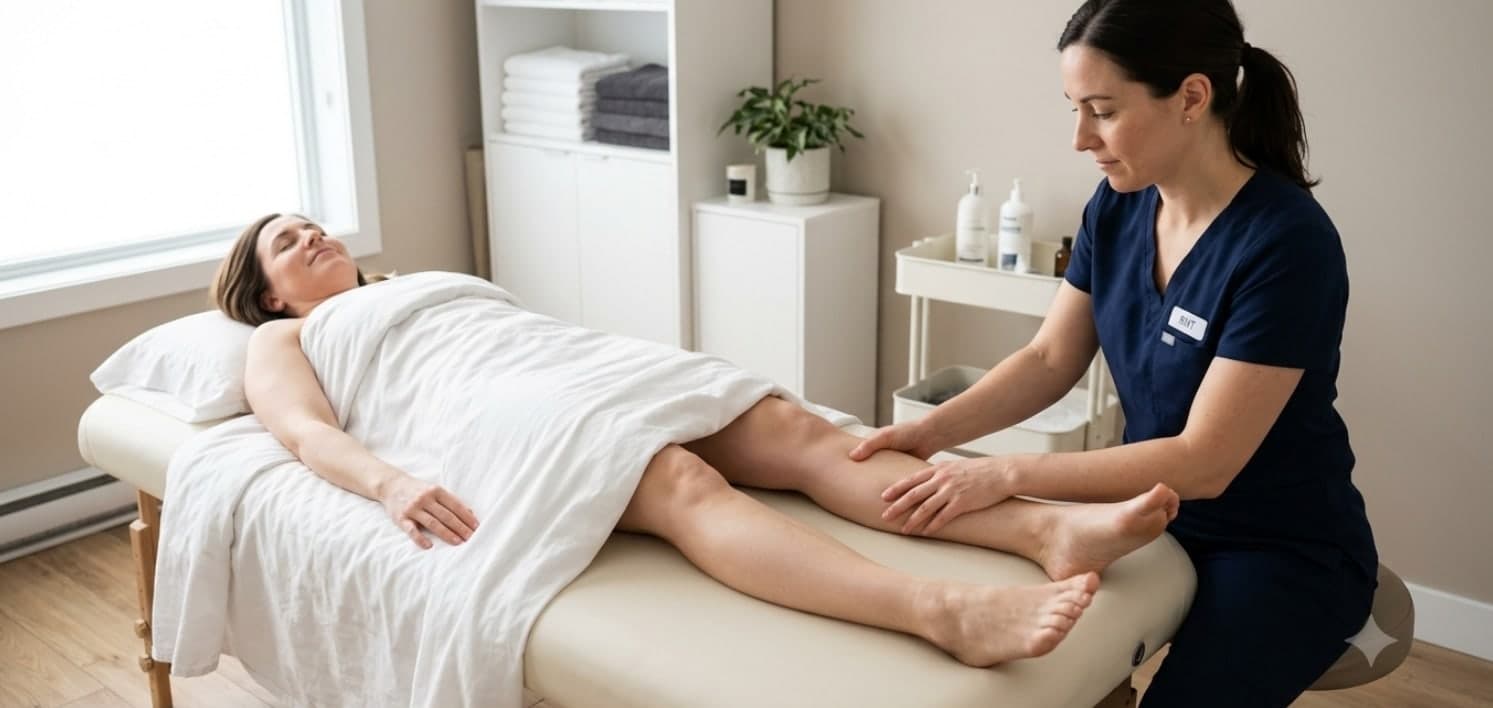 Therapist performing gentle manual lymphatic drainage on a patient’s lower leg