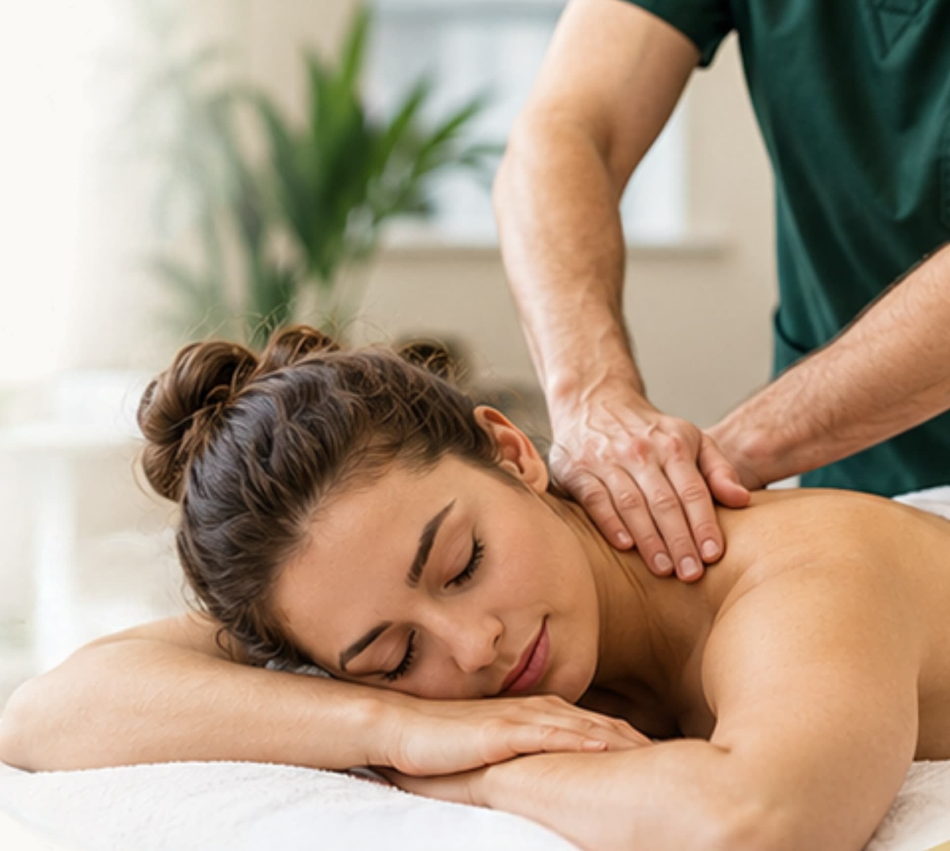 Massage therapist working on a relaxed patient’s shoulder and upper back