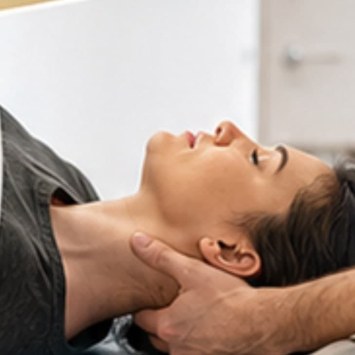 Practitioner gently supporting a patient’s head and neck during a manual therapy treatment