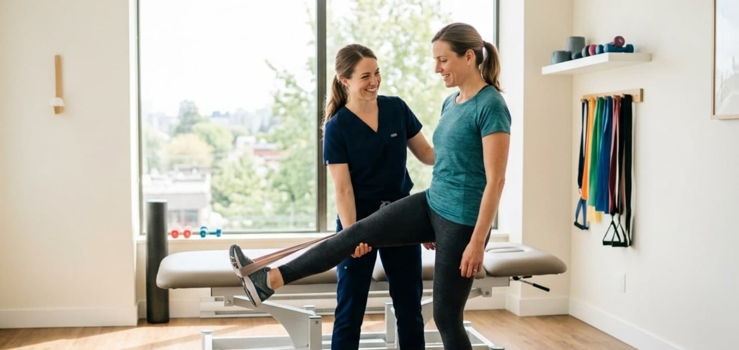 Physiotherapist guiding a patient through a supported exercise by a bright window