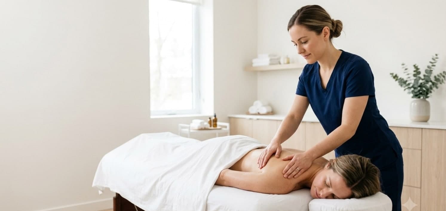 Registered massage therapist treating a patient’s back in a calm, bright treatment room
