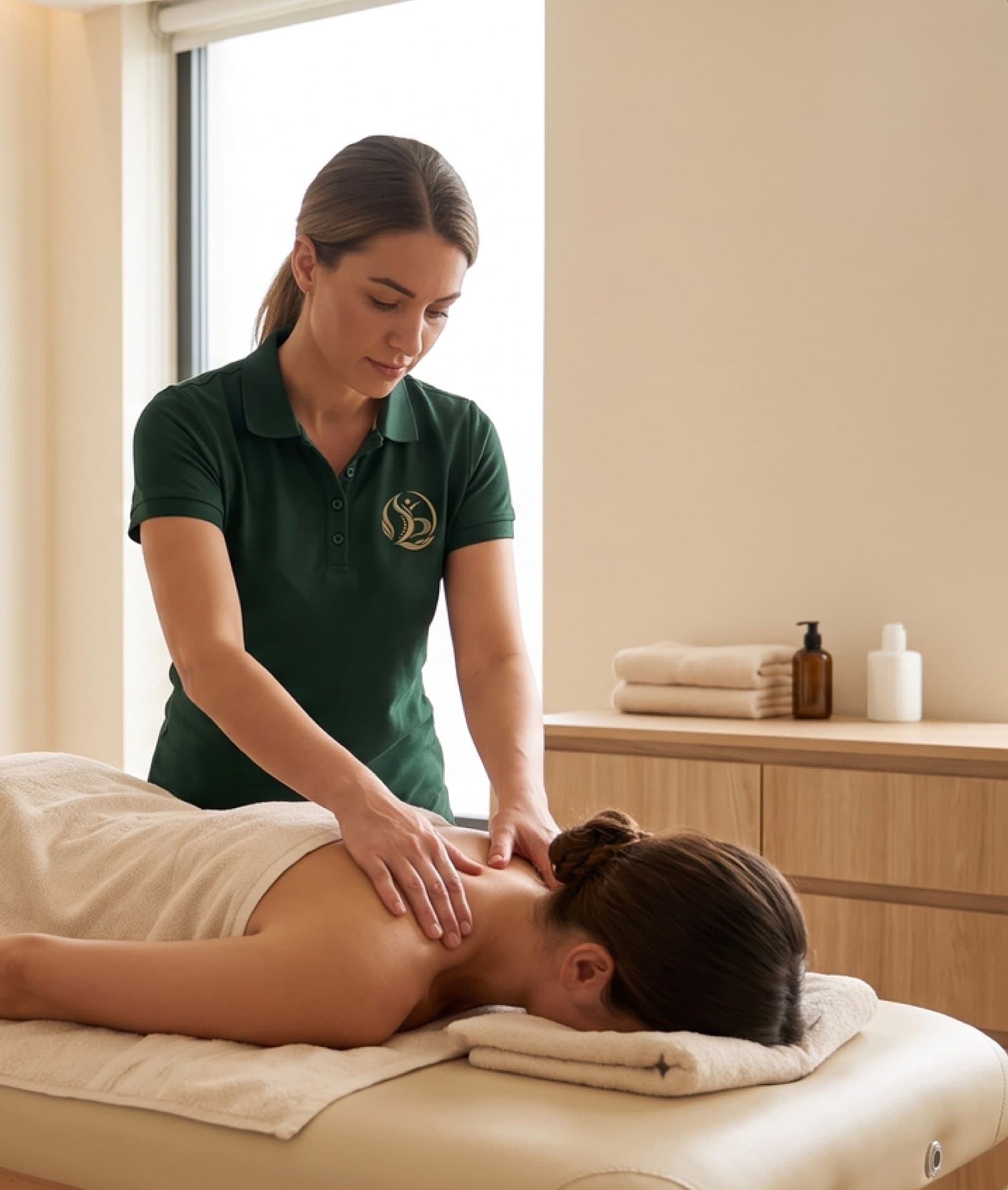 Springdale massage therapist in a forest green uniform treating a patient
